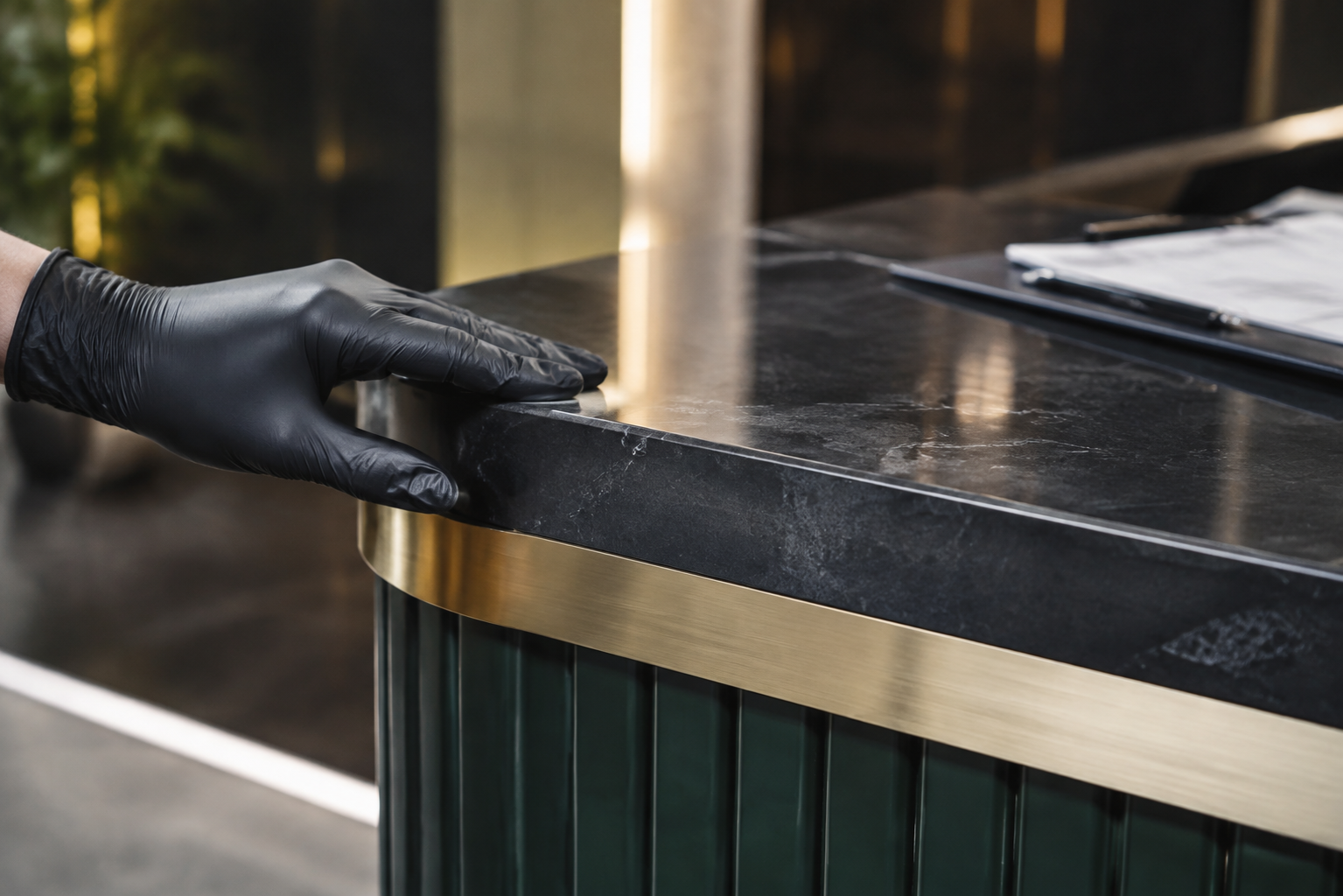 Professional quality-control inspection on a commercial reception surface