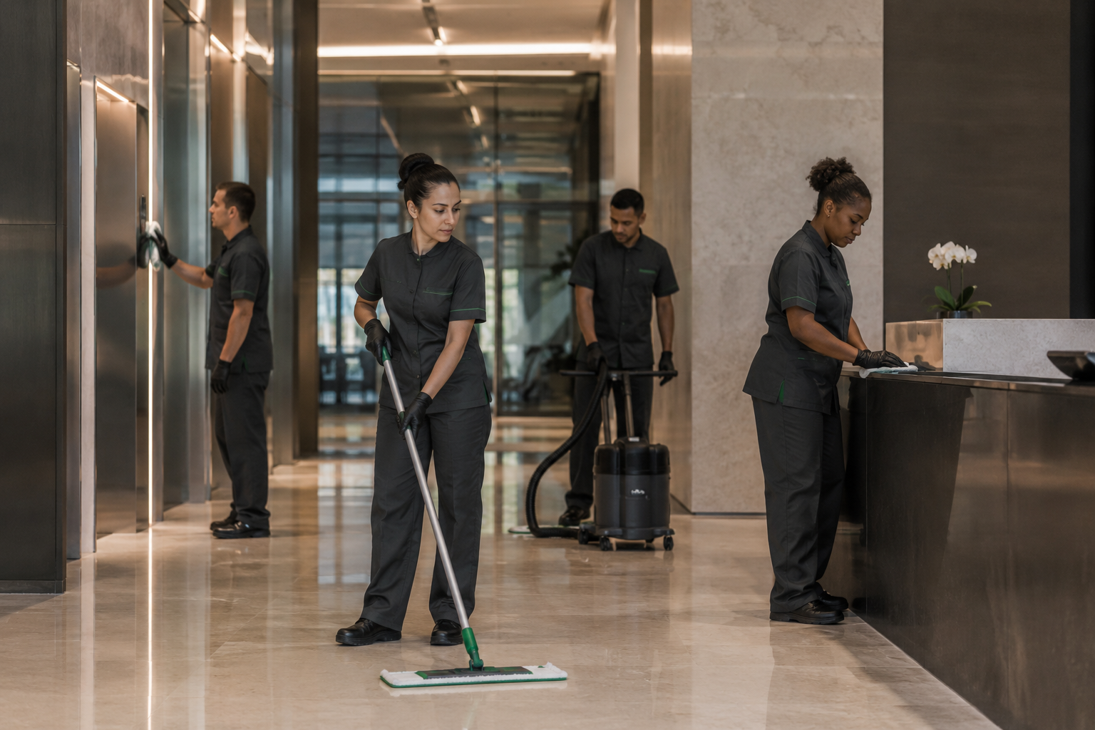 Commercial cleaning professionals working in a modern facility